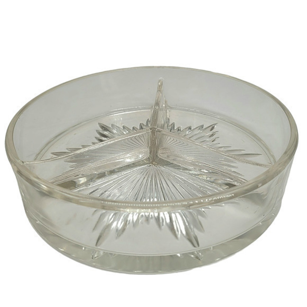 Starburst Round Three Section Divided Fruit‎ Nut Vintage Glass Serving Bowl